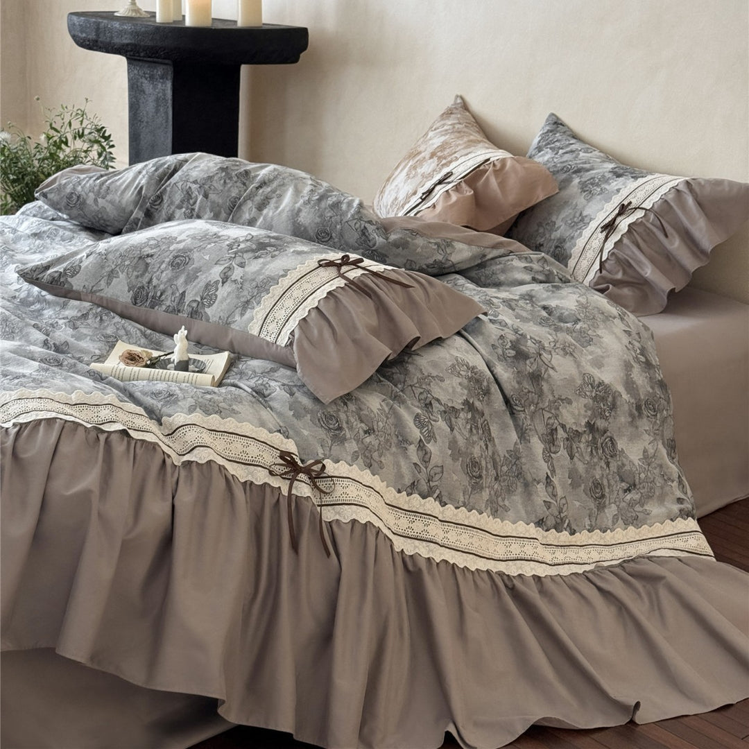 Vintage Rose Ruffled Lace-Trim Cotton Duvet Cover Set with Bedskirt & Pillow Shams