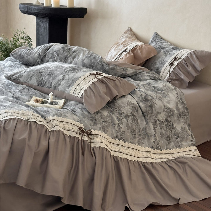 Vintage Rose Ruffled Lace-Trim Cotton Duvet Cover Set with Bedskirt & Pillow Shams