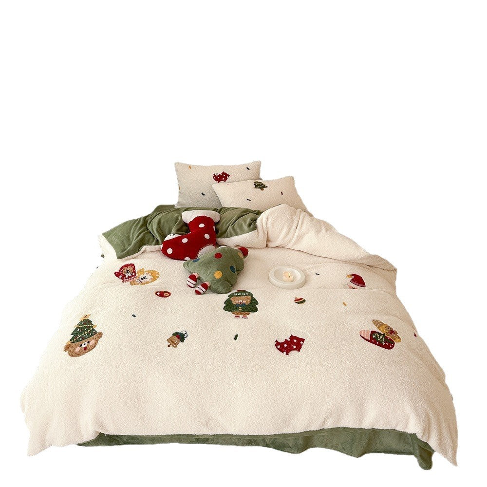 Festive Sherpa Duvet Cover Set with Embroidered Holiday Appliqués and Reversible Velvet-Feel Backing