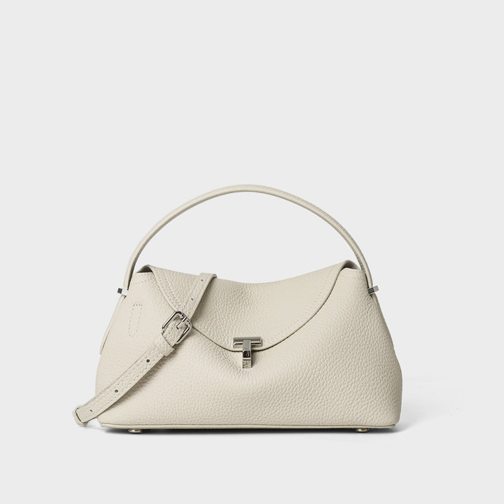 Curved Envelope Top-Handle Pebbled Satchel with Removable Crossbody Strap