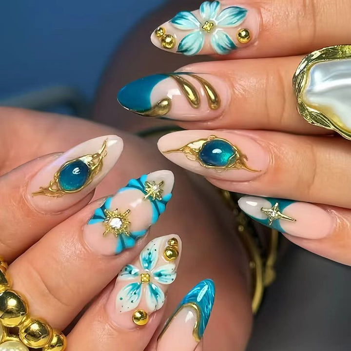 Artistic Gold and Floral Press-On Nail Set Stornfield