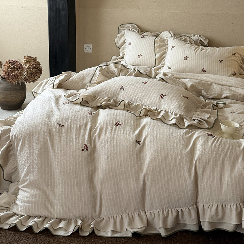 Embroidered Mini-Rose Ruffled Cotton-Linen Duvet Cover Set with Olive Piped Edge