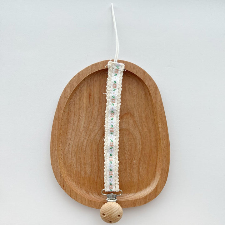 Natural Wooden Bead Pacifier Clip with Embroidered Cotton Lace Strap