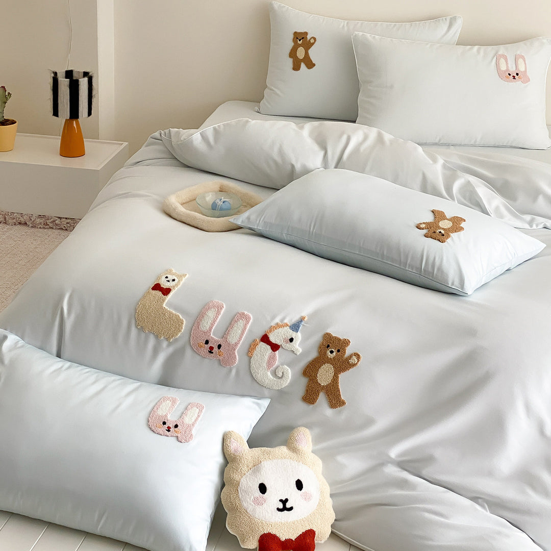 Children's Playful Appliqué Cotton Duvet Cover Set with Pillow Shams & Plush Accent