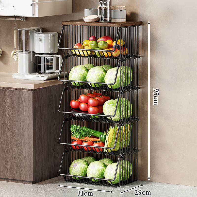 Slim Vertical Multi-Tier Fruit and Vegetable Storage Cart with Wood Top and Locking Casters