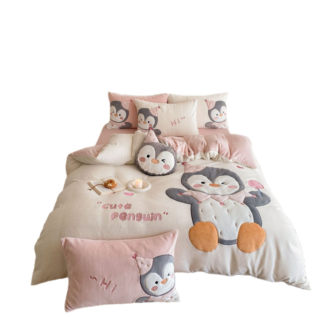 Cute Plush Appliqué Penguin Duvet Cover Set with Quilted Pillow Shams