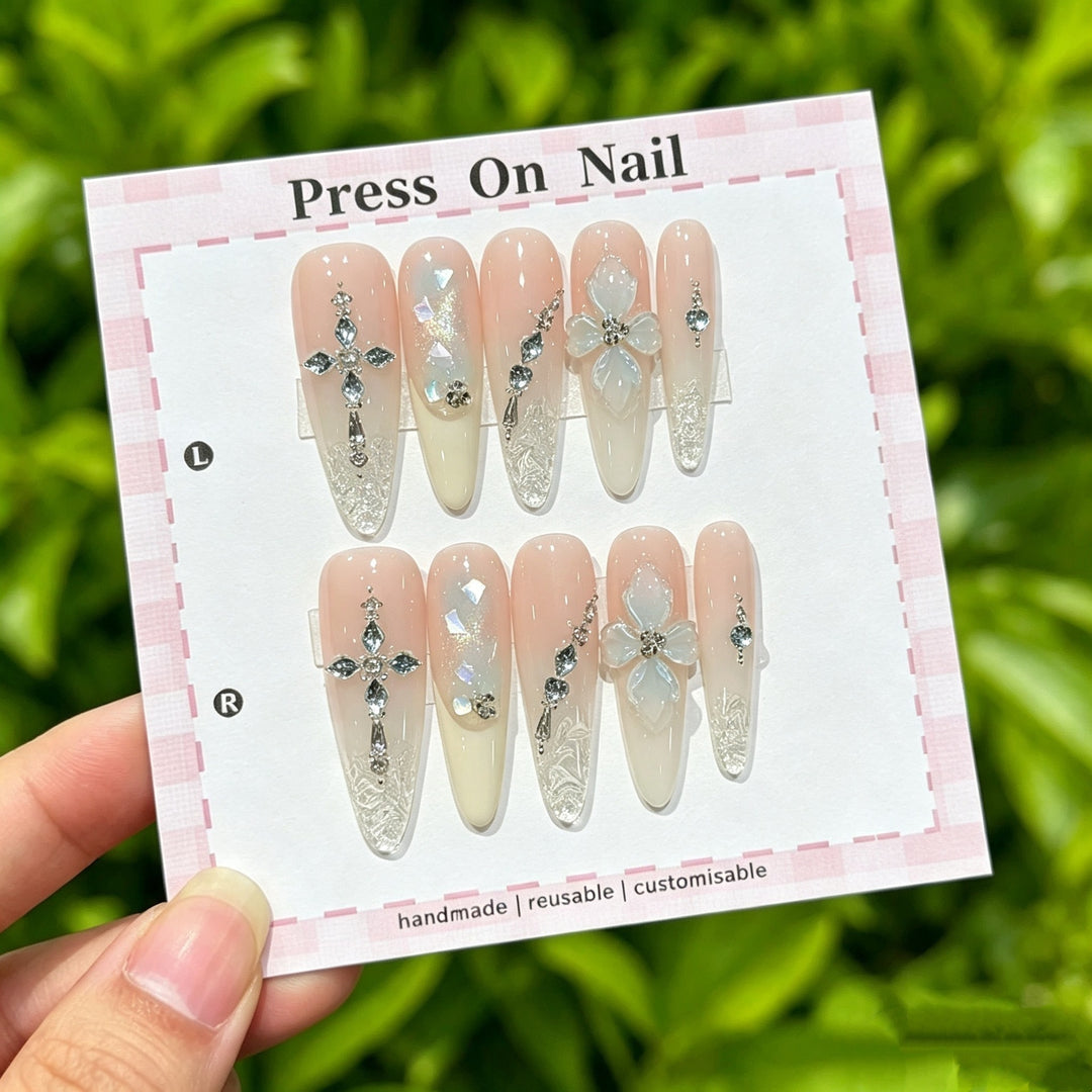 Customizable Press-On Nail Art Set with Decorative Floral and Gem Accents