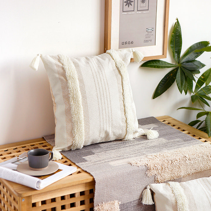 Square cotton pillow cover with fringe tassels and textured chenille stripes Stornfield