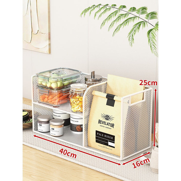 Metal Mesh Countertop Pantry Organizer with Multi-Tier Shelves and Vertical Bag Compartment