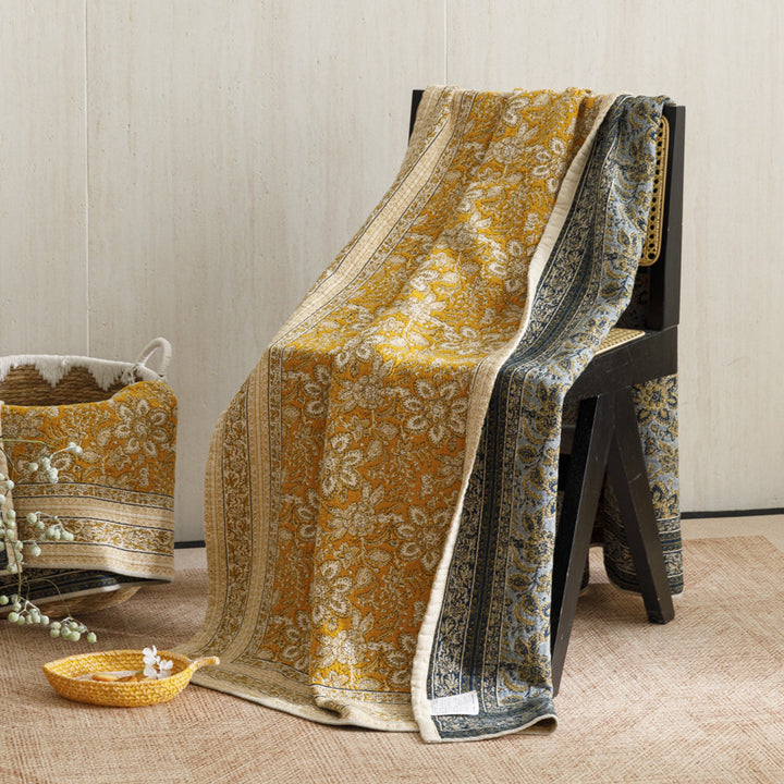Reversible Quilted Kantha Throw Blanket with Floral Block Print