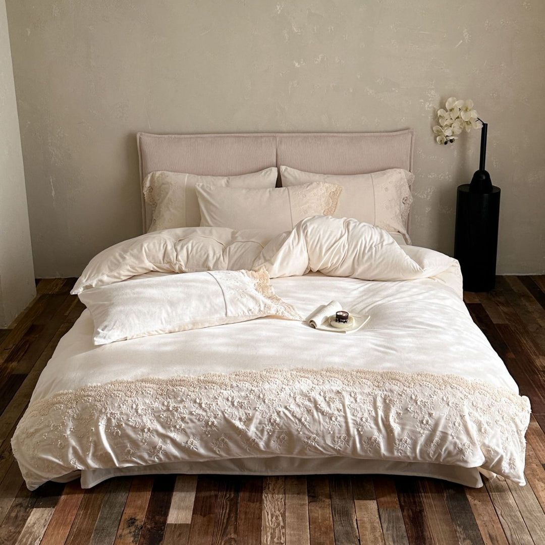Luxurious cotton satin bedding set with fine lace embroidery