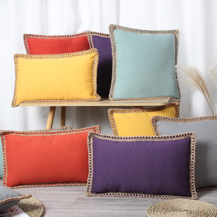 Decorative Linen Throw Pillow Pair with Braided Fringe Trim