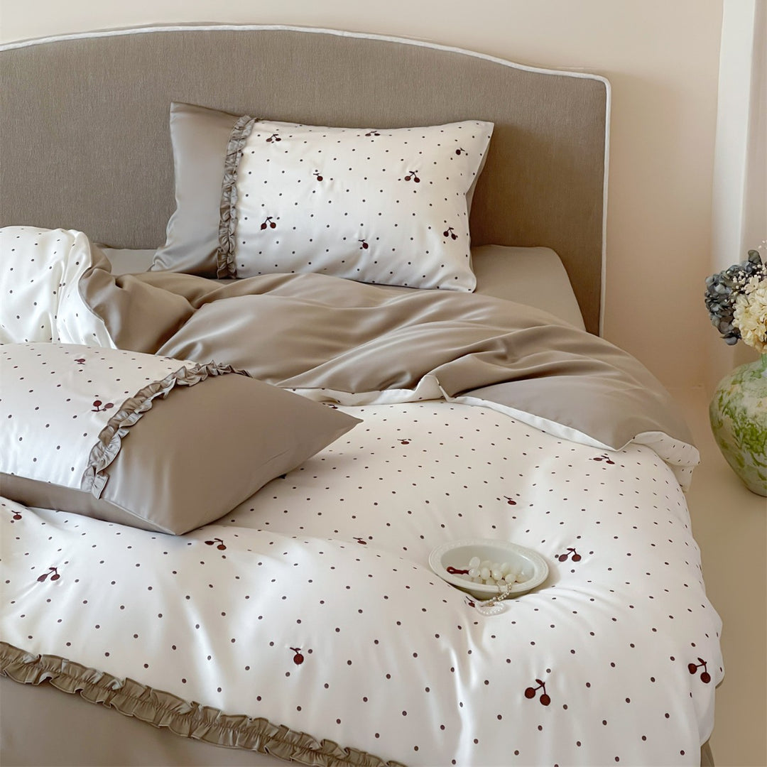 Polka Dot & Cherry Cotton Sateen Duvet Cover Set with Ruffled Hem and Reversible Back