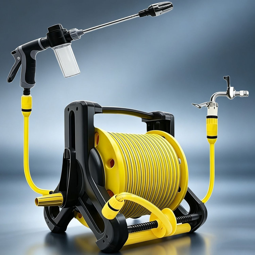 heavy-duty retractable garden hose reel system with pistol spray gun and faucet connector Stornfield