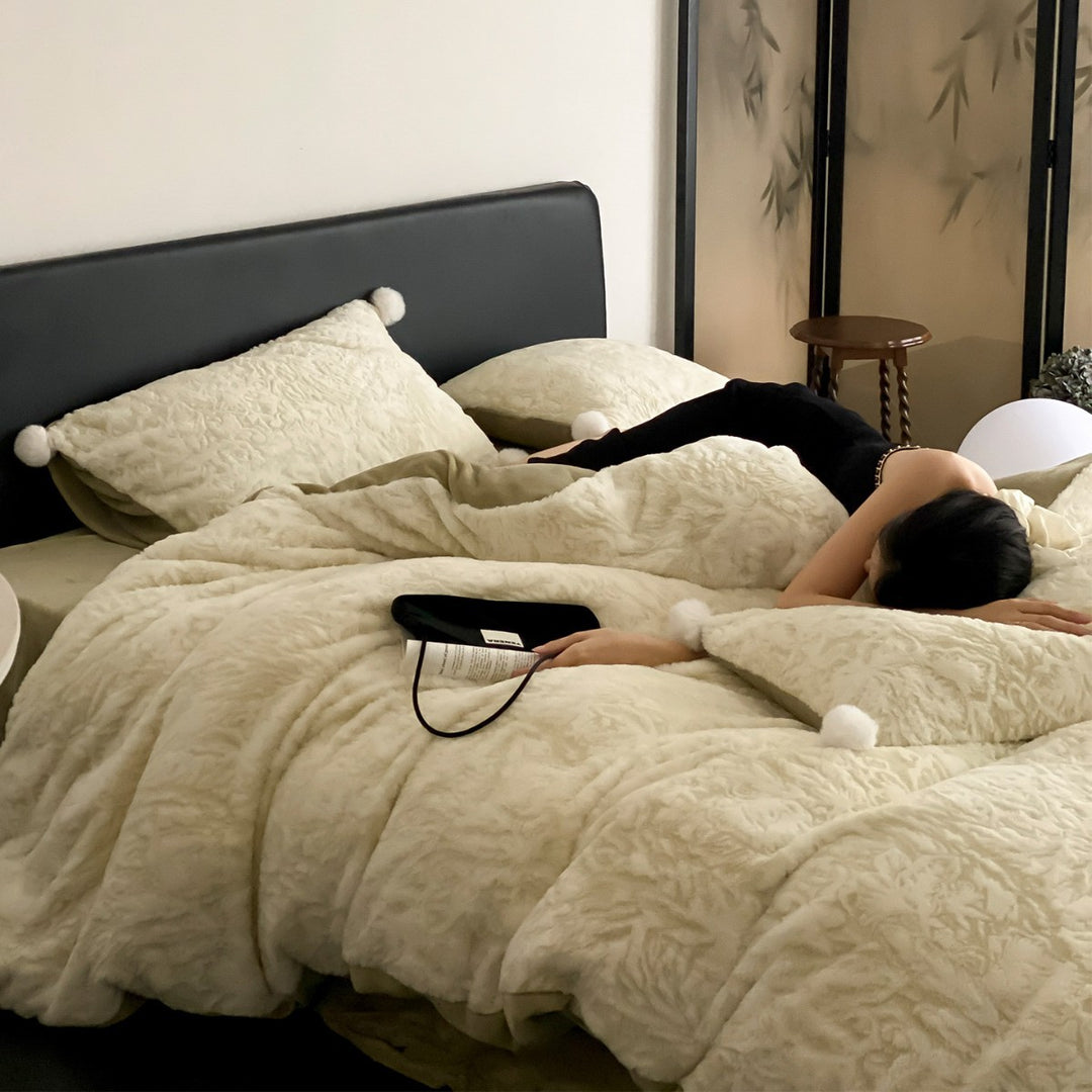 Plush Embossed Floral Sherpa Duvet Cover Set with Pom-Pom Trim