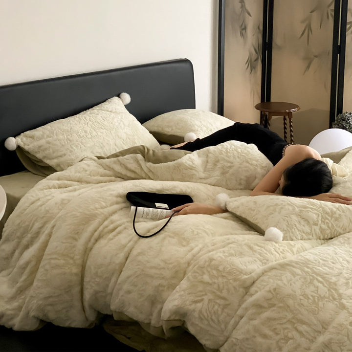 Plush Embossed Floral Sherpa Duvet Cover Set with Pom-Pom Trim