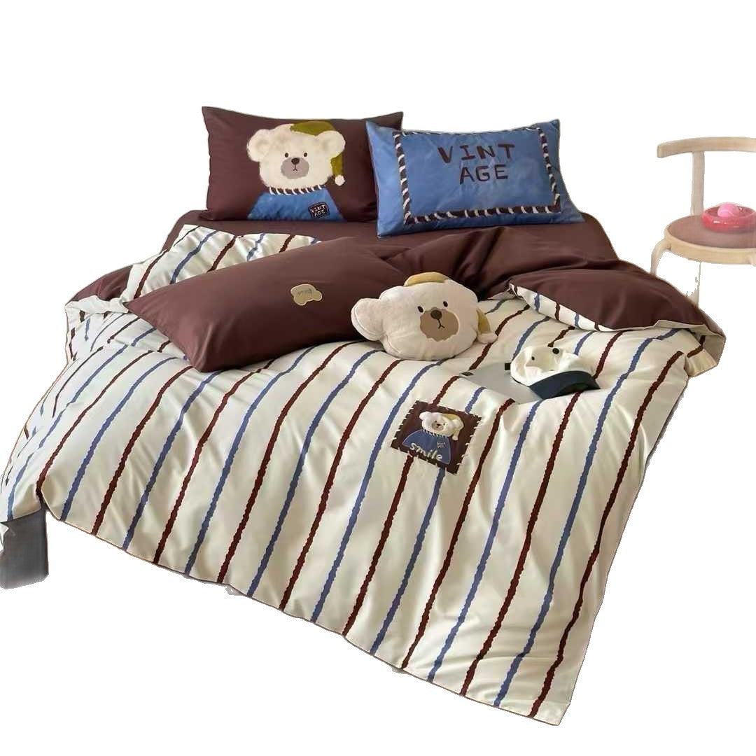 Cute Teddy Bear Cotton Duvet Cover Set with Striped Bedspread and Plush Pillowcase
