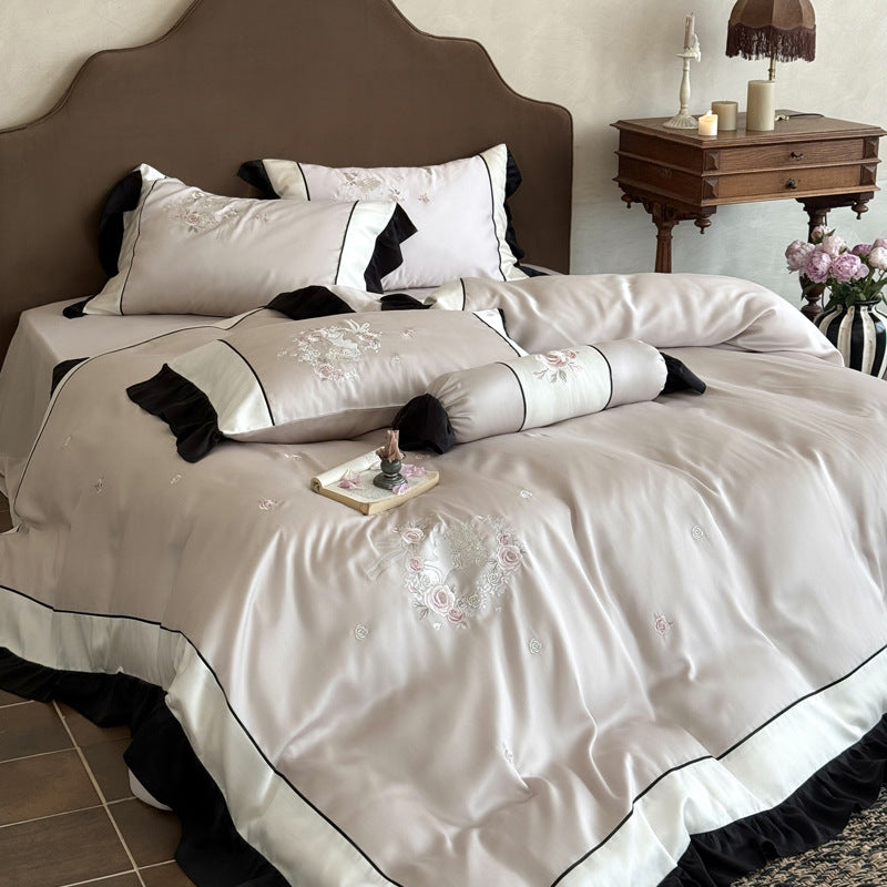 Embroidered Floral Ruffled Edge Duvet Cover and Pillow Sham Set
