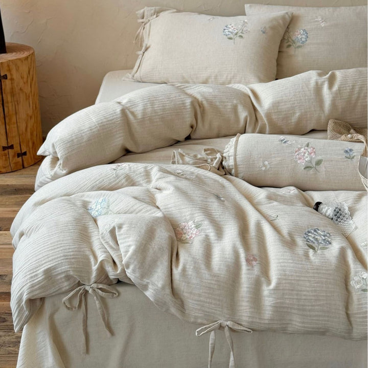 Embroidered Cotton-Linen Duvet Cover Set with Tied Corners & Bolster Pillow