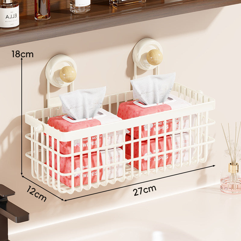 Wall-Mounted Suction-Cup Wire Basket Tissue and Wipes Organizer