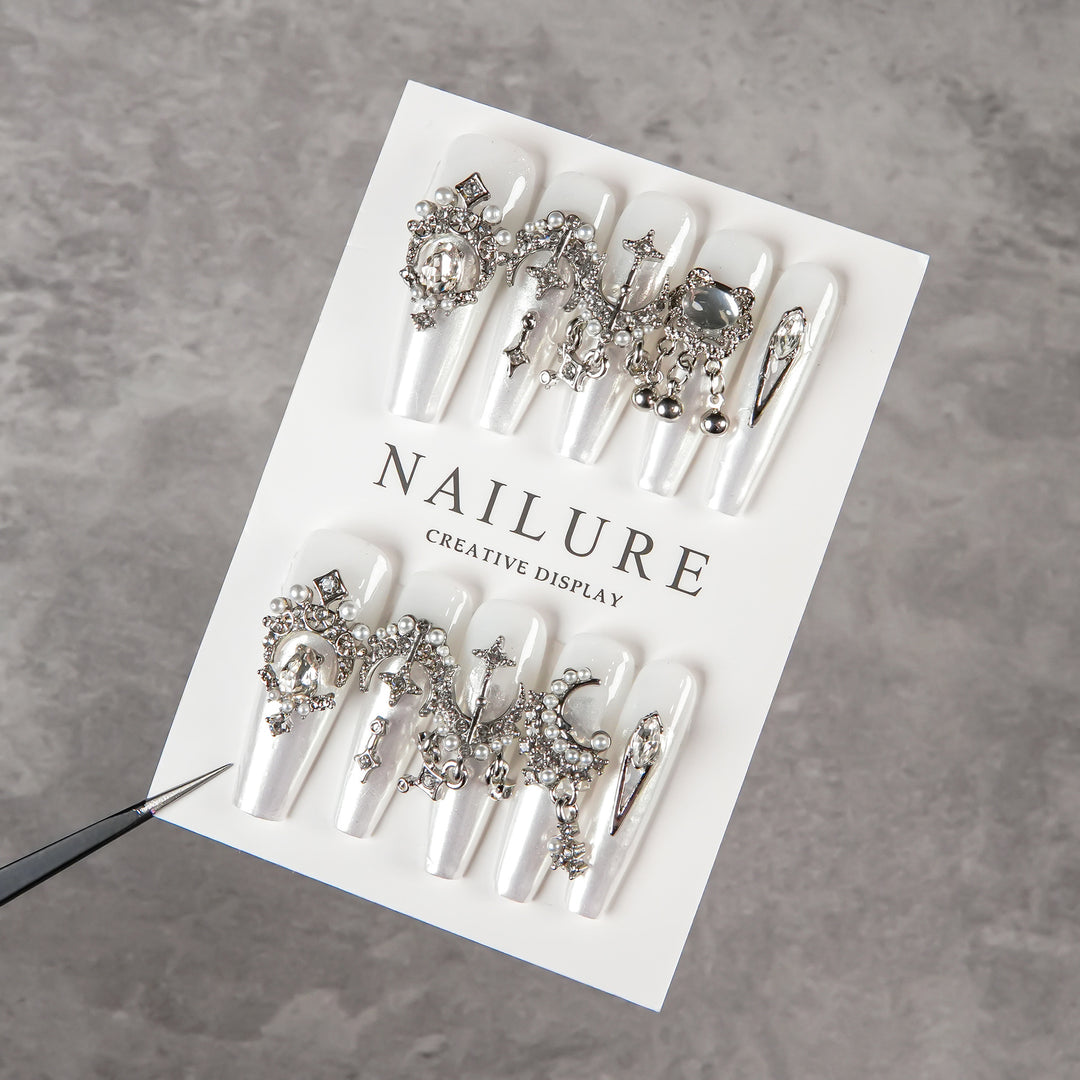 Decorative Press-On Nail Set with Embellishments