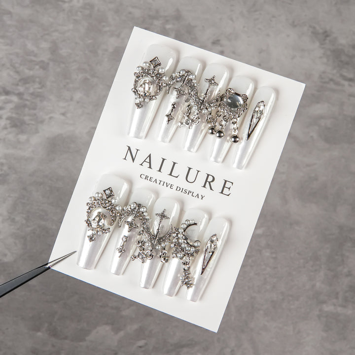 Decorative Press-On Nail Set with Embellishments