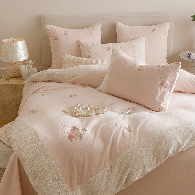 Plush Embroidered Bow Motif Sherpa-Trim Duvet Cover & Pillow Sham Set