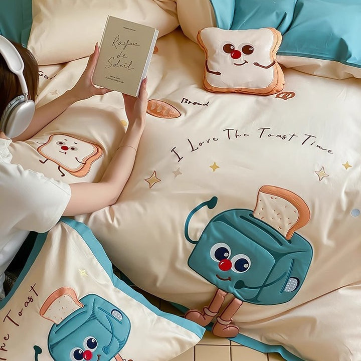 Children's Cartoon Toaster-Themed Cotton Sateen Duvet Cover Bedding Set