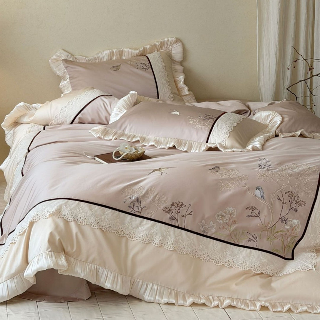 Premium cotton satin duvet cover set with pleated ruffle and delicate bird and flower embroidery