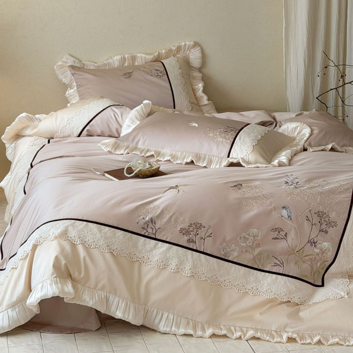 Premium cotton satin duvet cover set with pleated ruffle and delicate bird and flower embroidery