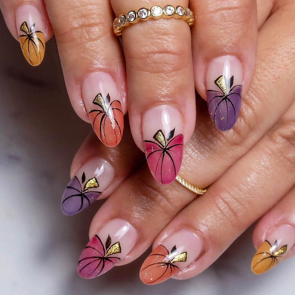 Artistic Press-On Nail Art Set with Pumpkin Design Stornfield