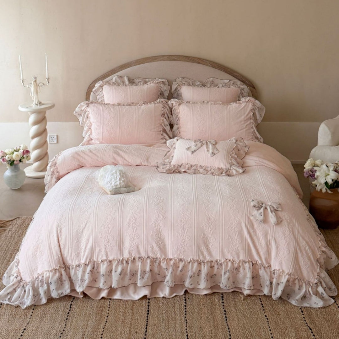 Ruffled Floral Embroidered Cotton Duvet Cover Set