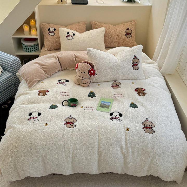 Plush quilt set with rabbit embroidery and Sherpa surface