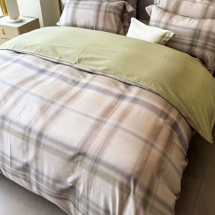 Reversible Brushed Cotton Plaid Duvet Cover Set with Solid Back and Oxford Pillowcases