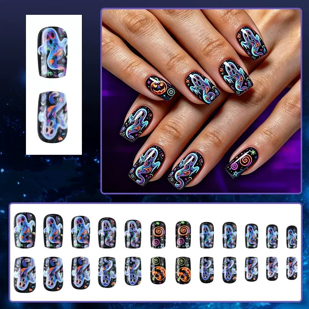 Creative nail art set with colorful Halloween designs and glitter effects Stornfield