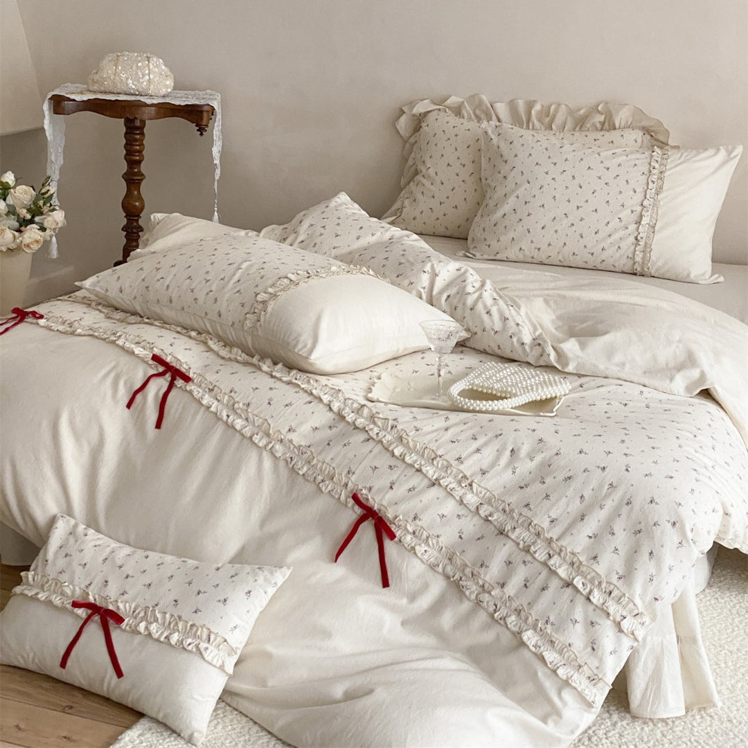 Ruffled Tiny Floral Cotton Duvet Cover Set with Red Ribbon Tie Accents