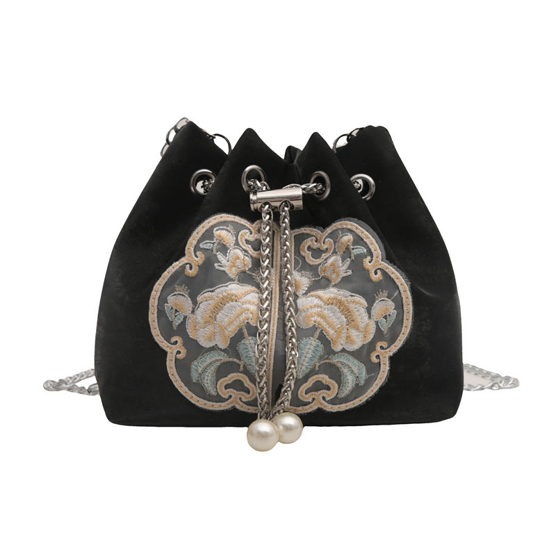 Embroidered Velvet Drawstring Handbag