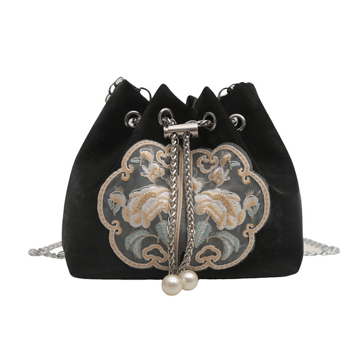 Embroidered Velvet Drawstring Handbag
