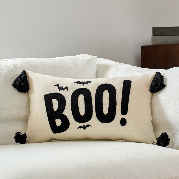 Halloween BOO Cotton-Linen Lumbar Accent Pillow Cover with Corner Tassels