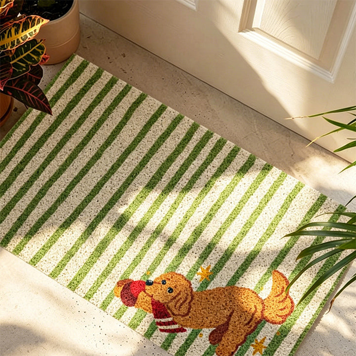 Coconut doormat with vertical striped structure and playful dog motif Stornfield