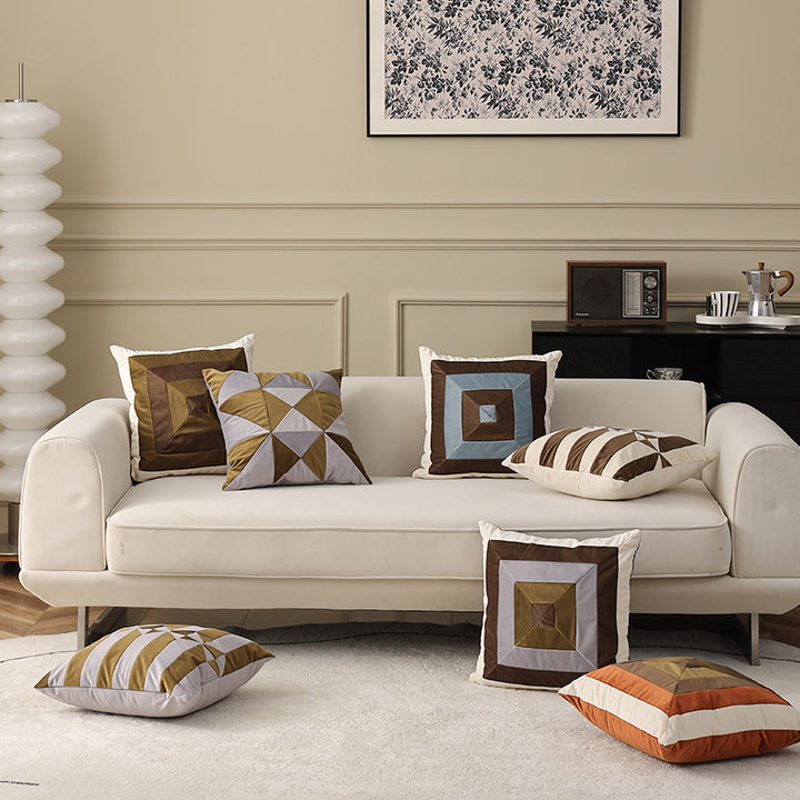 Square decorative cushion with striped velvet inlay and geometric pleated look