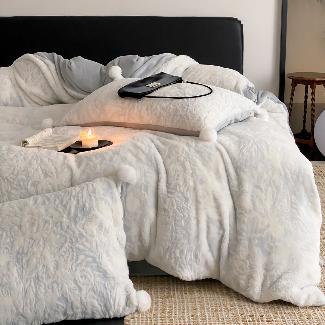 Plush Embossed Floral Sherpa Duvet Cover Set with Pom-Pom Trim