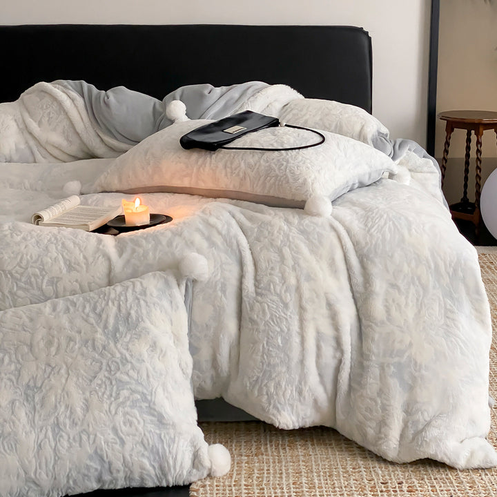 Plush Embossed Floral Sherpa Duvet Cover Set with Pom-Pom Trim