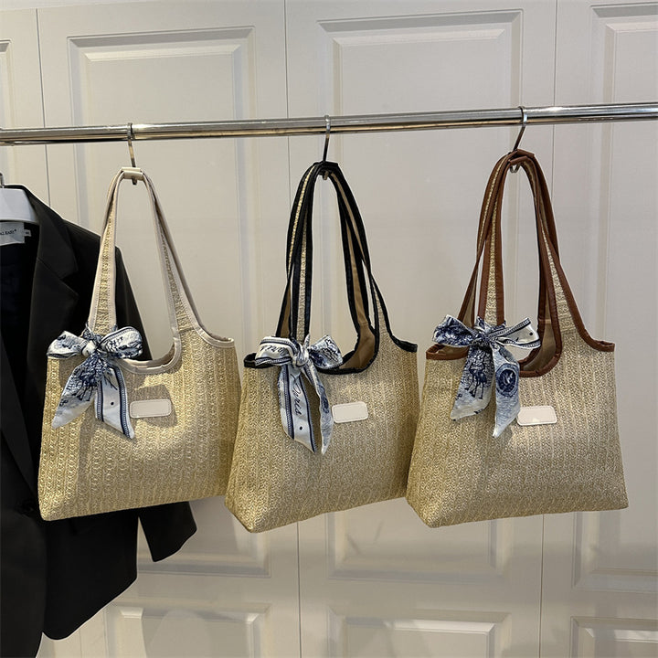 Textured Weave Tote Bag with Elegant Bow Stornfield