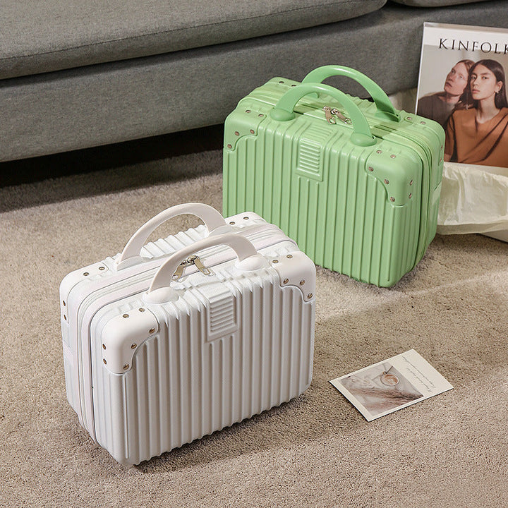 compact hard-shell travel vanity cosmetic and tech organizer with ribbed shell reinforced corners removable padded insert Stornfield