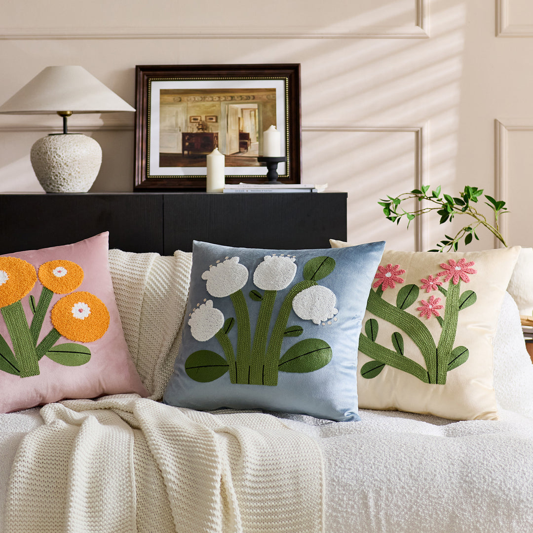 Square Velvet Tufted Floral Chenille Appliqué Accent Pillow Cover
