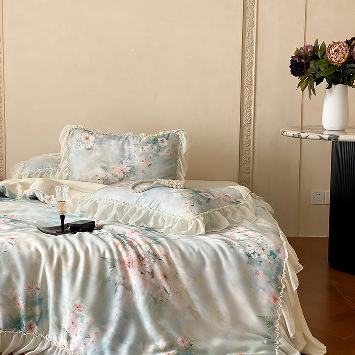 Luxury Floral Satin Bedding Set with Ruffled Edge