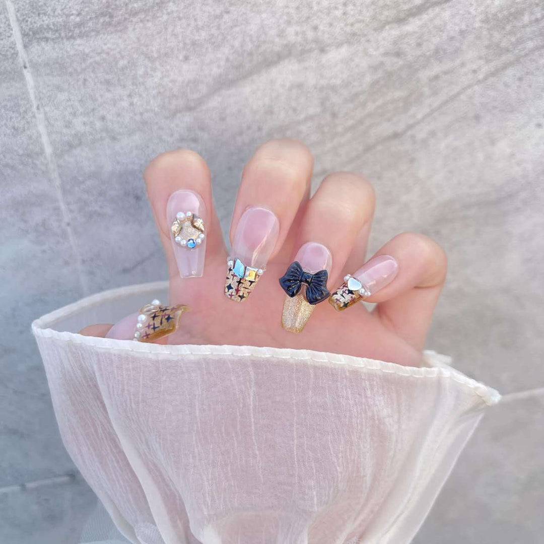 Decorative Press-On Nail Art Set with Gem Accents