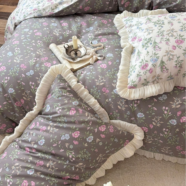 Ruffled Floral Cotton Duvet Cover Set with Frilled Edges
