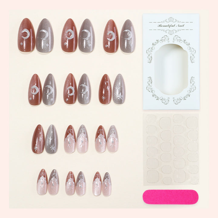 Decorative Press-On Nail Set with Unique Celestial Designs Stornfield